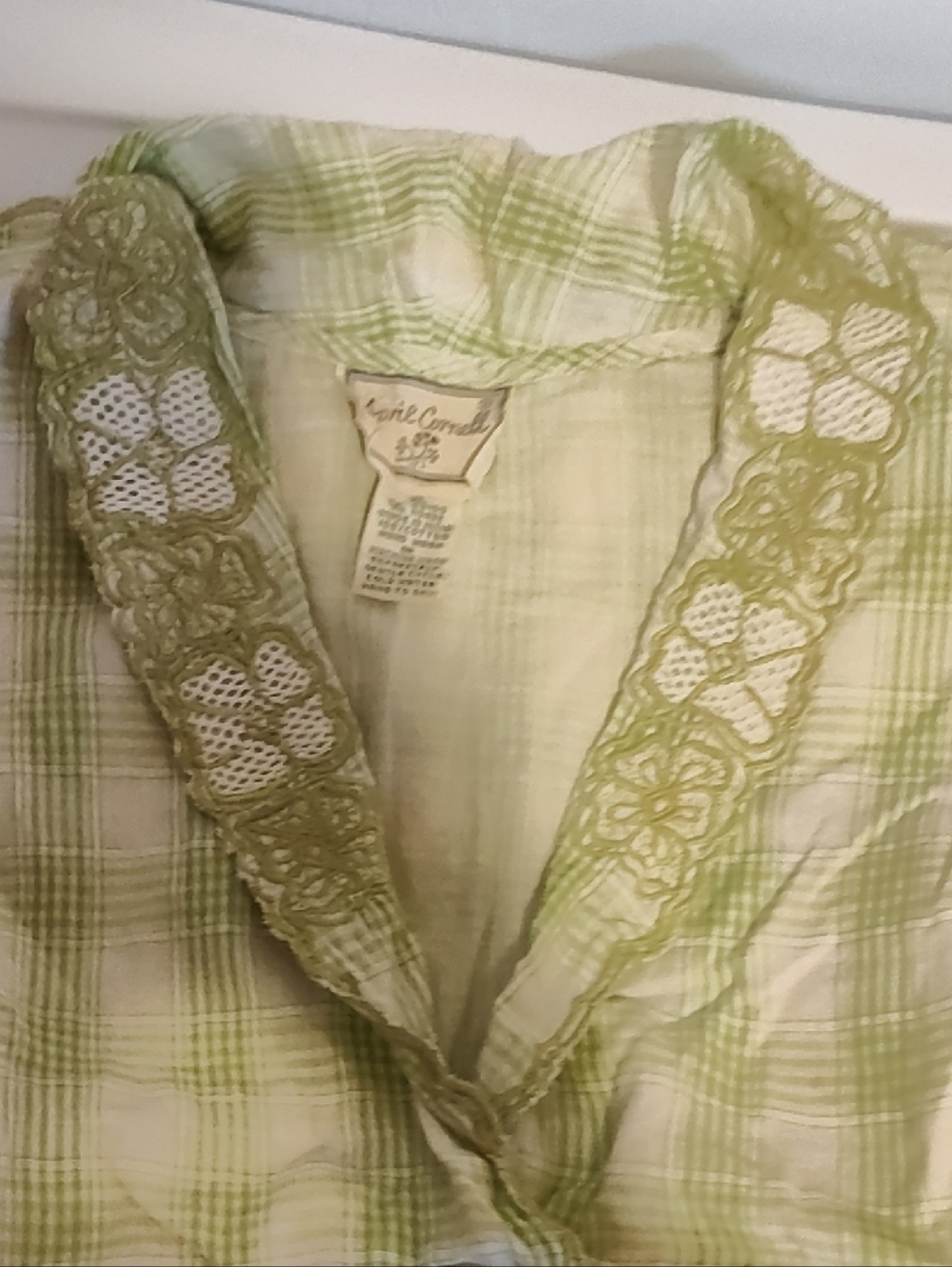 April Cornell Light Green Plaid Lace-Trim Sleeveless Blouse